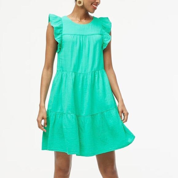 J. Crew Factory Dress Gauze Flutter Sleeve Tiered Mini Bright Seafoam  NWT 2 - Picture 1 of 11
